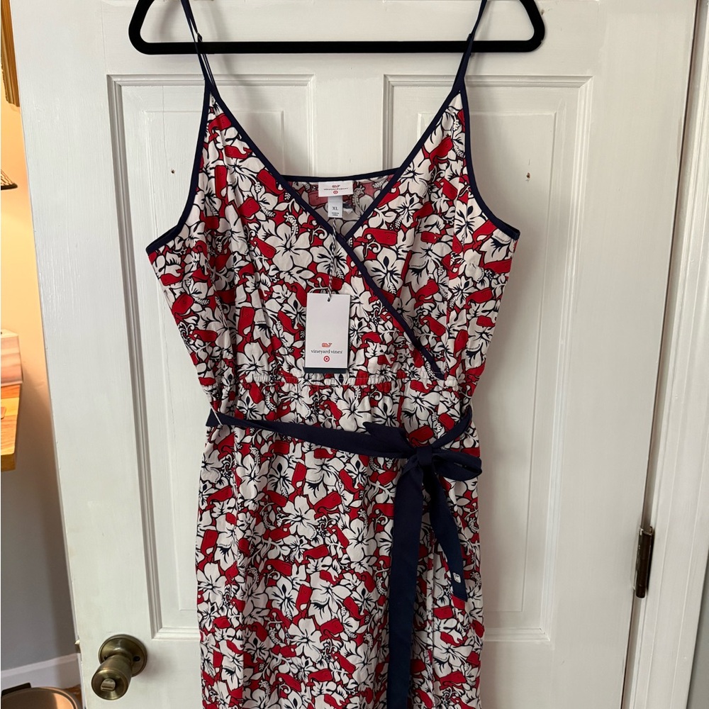 Vineyard Vines Red White Floral Mini Dress with Navy Trim - Picture 2 of 5